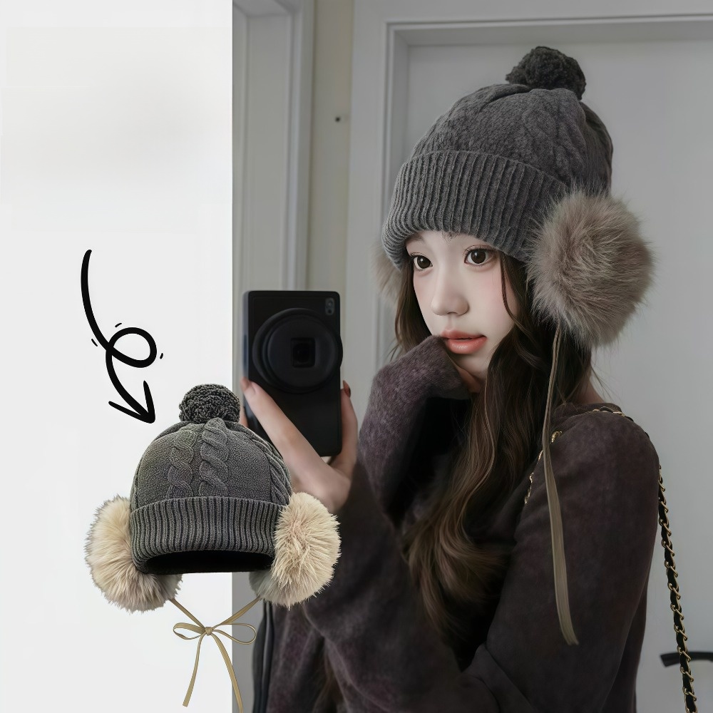 Winter Trapper Hat - Faux Fur Ear Flaps Cable Knit